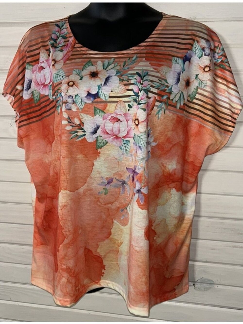 Serengeti Sz PLUS 3X Orange Floral Striped Watercolor Knit Pullover Top EUC